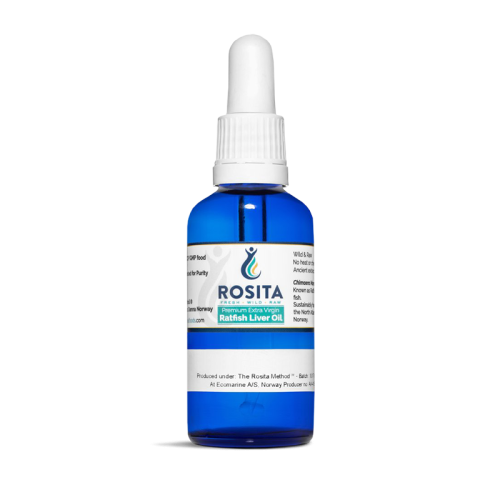 Ratfish Rosita 50ml surowy olej z wątroby chimery z witaminami A D3 omega 3 alkiloglicerolami naturalny norweski