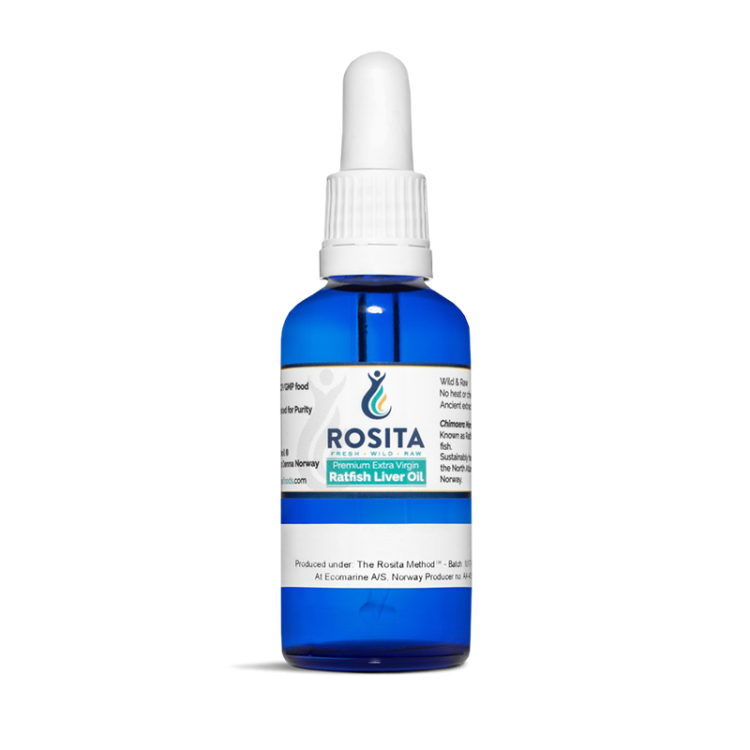 Ratfish Rosita 50ml surowy olej z wątroby chimery z witaminami A D3 omega 3 alkiloglicerolami naturalny norweski