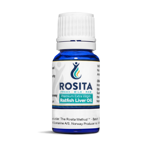 Ratfish Rosita 10ml surowy olej z wątroby chimery z witaminami A D3 omega 3 alkiloglicerolami naturalny norweski