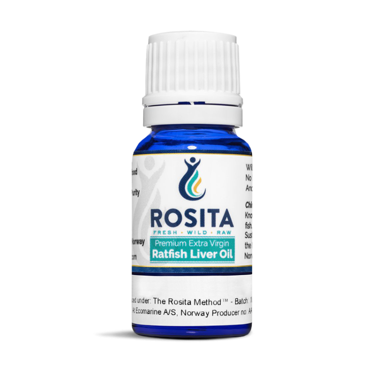 Ratfish Rosita 10ml surowy olej z wątroby chimery z witaminami A D3 omega 3 alkiloglicerolami naturalny norweski