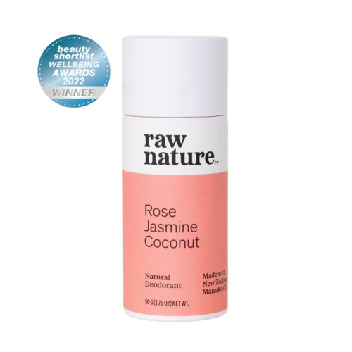 Organiczny dezodorant o zapachu róży i jaśminu Raw Nature: bez konserwantów, parabenów, sztucznych zapachów i aluminium.
