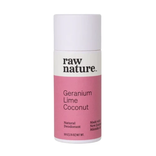 Organiczny dezodorant o zapachu pelargonii i limonki Raw Nature: bez konserwantów, parabenów, sztucznych zapachów i aluminium.