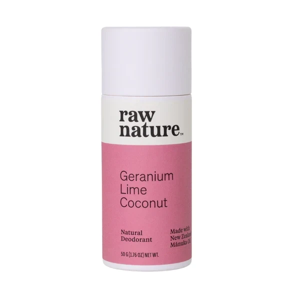 Organiczny dezodorant o zapachu pelargonii i limonki Raw Nature: bez konserwantów, parabenów, sztucznych zapachów i aluminium.