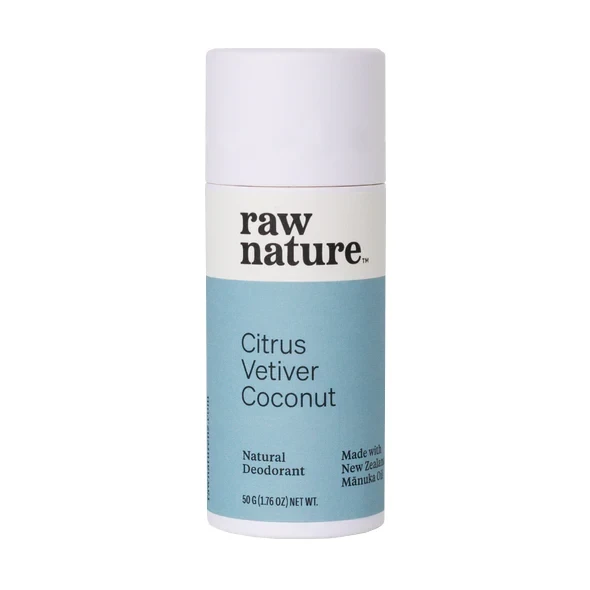 Organiczny dezodorant o zapachu cytrusów i wetiwer  Raw Nature: bez konserwantów, parabenów, sztucznych zapachów i aluminium.