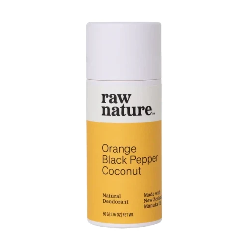 Organiczny dezodorant o zapachu pomarańczy i czarnego pieprzu  Raw Nature: bez konserwantów, parabenów, sztucznych zapachów i aluminium.