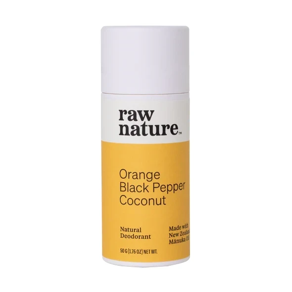 Organiczny dezodorant o zapachu pomarańczy i czarnego pieprzu  Raw Nature: bez konserwantów, parabenów, sztucznych zapachów i aluminium.