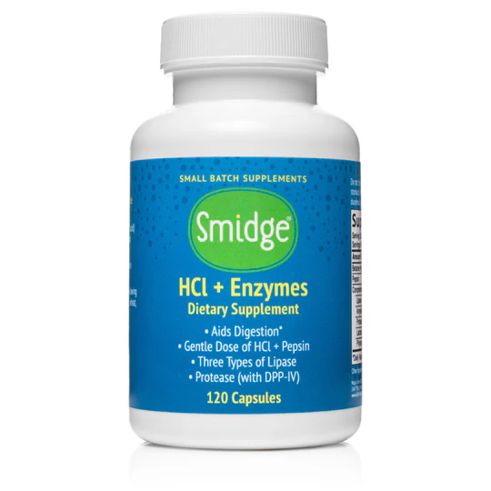 Smidge HCl + Enzymes 120 kapsułek, enzymy trawienne z betainą HCl, pepsyną i laktazą